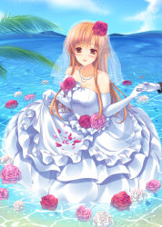 Rule 34 | 10s, 1boy, 1girl, :d, asuna (sao), bad id, bad pixiv id, bare shoulders, blush, braid, brown eyes, brown hair, collarbone, day, dress, elbow gloves, flower, gloves, hair flower, hair ornament, happy, heart, heart necklace, hetero, holding hands, jewelry, long hair, looking at viewer, mitsuki tsumi, necklace, open mouth, palm tree, pink flower, pink rose, red flower, red rose, rose, sky, smile, solo focus, strapless, strapless dress, sword art online, tree, veil, water, wedding dress, white dress, white gloves