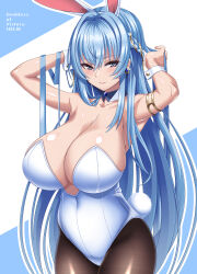 Rule 34 | 1girl, adjusting hair, alternate costume, animal ears, armlet, arms up, bare shoulders, black pantyhose, blue background, blue eyes, blue hair, blue leotard, breasts, character name, cleavage, closed mouth, collarbone, commentary request, copyright name, earrings, fake animal ears, fake tail, goddess of victory: nikke, helm (nikke), highres, huge breasts, jewelry, leotard, long hair, looking at viewer, multicolored background, pantyhose, playboy bunny, rabbit ears, rabbit tail, sogegin, solo, strapless, strapless leotard, tail, two-tone background, upper body, white background, white wrist cuffs, wrist cuffs