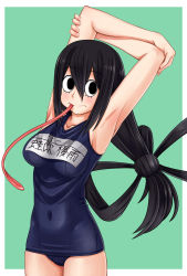 Rule 34 | 10s, 1girl, armpits, asui tsuyu, black eyes, black hair, blush, boku no hero academia, bow-shaped hair, commentary request, covered navel, cowboy shot, easy (aqk7bdqt), frog girl, green background, hair between eyes, hair rings, long hair, long tongue, low-tied long hair, old school swimsuit, one-piece swimsuit, school swimsuit, solo, stretching, swimsuit, tongue, very long hair, very long tongue