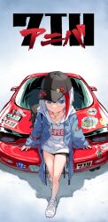 Rule 34 | 1girl, absurdres, admiral graf spee (azur lane), anniversary, azur lane, baseball cap, black hat, black shorts, blue eyes, blue jacket, car, closed mouth, clothes writing, drawstring, hair between eyes, hat, highres, hood, hood down, hoodie, jacket, long sleeves, looking at viewer, mazda, mazda rx-7, mazda rx-7 fd, motor vehicle, multicolored hair, open clothes, open jacket, osisio, red hair, shoes, shorts, sleeves past wrists, solo, streaked hair, torn clothes, torn sleeves, white footwear, white hair, white hoodie