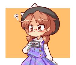 Rule 34 | 1girl, ?, bad id, bad pixiv id, blush, bow, brown hair, buttons, cassette tape, glasses, gloves, hat, hat bow, long hair, pozesuke, skirt, solo, touhou, usami sumireko, white gloves