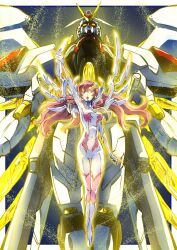 Rule 34 | 1girl, blue eyes, bodysuit, breasts, gloves, glowing, glowing eyes, gundam, gundam seed, gundam seed freedom, hair between eyes, hair ornament, highres, lacus clyne, light particles, long hair, mecha, mighty strike freedom gundam, mobile suit, normal suit, open mouth, pilot suit, pink hair, robot, science fiction, taiga hiroyuki, v-fin, very long hair, weapon, yellow eyes