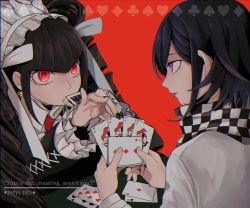 Rule 34 | 1boy, 1girl, black hair, black nails, blunt bangs, bonnet, card, celestia ludenberg, cheating (competitive), checkered clothes, checkered scarf, claw ring, commentary, danganronpa: trigger happy havoc, danganronpa (series), danganronpa v3: killing harmony, drill hair, english commentary, english text, gothic lolita, lolita fashion, long hair, long sleeves, nail polish, necktie, oma kokichi, overine19, playing card, purple eyes, purple hair, red background, red eyes, scarf, simple background, straitjacket, tongue, tongue out, twin drills, twintails