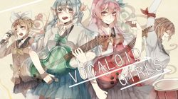 Rule 34 | 4girls, bow, bowtie, guitar, hair ornament, hairclip, hatsune miku, instrument, kagamine rin, megurine luka, meiko (vocaloid), microphone, miura (ayame), multiple girls, open mouth, see-through, skirt, sleeves pushed up, smile, vocaloid