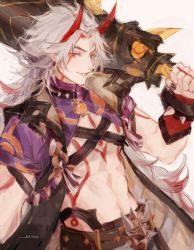 Rule 34 | 1boy, abs, arataki itto, artist name, belt, body markings, earrings, genshin impact, holding, holding sword, holding weapon, horns, japanese clothes, jewelry, kei (keiuu), large pectorals, long hair, looking at viewer, oni, oni horns, pectorals, red eyes, smile, solo, spikes, sword, vision (genshin impact), weapon, white hair