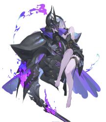 Rule 34 | 1boy, 1girl, armor, barefoot, black dress, black horns, breasts, bridal gauntlets, cape, carrying, carrying person, cleavage, collared cape, colored skin, cropped torso, dress, facing to the side, fake horns, fire, glowing, glowing eyes, grey hair, hand up, helmet, high collar, highres, holding, holding sword, holding weapon, horned helmet, horns, leviair, long hair, original, pauldrons, pointy ears, purple cape, purple eyes, purple fire, purple skin, shoulder armor, simple background, solo, sword, weapon, white background