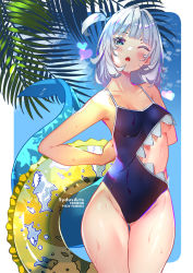 Rule 34 | 1girl, adapted costume, artist name, bad id, bad pixiv id, blue eyes, blue one-piece swimsuit, blue sky, casual one-piece swimsuit, cloud, commentary, competition school swimsuit, cowboy shot, english commentary, fins, fish tail, gawr gura, hololive, hololive english, innertube, looking at viewer, one-piece swimsuit, one eye closed, one side up, palm leaf, school swimsuit, shark tail, sharp teeth, short hair, silver hair, sky, solo, standing, swim ring, swimsuit, sydus, tail, teeth, virtual youtuber