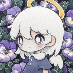 Rule 34 | 1girl, angel wings, blue dress, blush, bright pupils, dated, dress, flower, halo, highres, leaf, medium hair, no nose, original, pansy, purple eyes, short sleeves, signature, smile, solo, upper body, white hair, white pupils, white wings, wings, zukky000