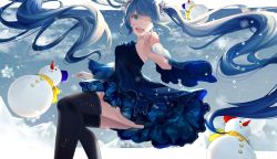 Rule 34 | 1girl, ;d, absurdly long hair, akito (d30n26), black thighhighs, blue dress, blue eyes, blue hair, blue sleeves, detached sleeves, dress, floating hair, gradient sleeves, hatsune miku, highres, long hair, long sleeves, one eye closed, open mouth, outdoors, short dress, sleeveless, sleeveless dress, smile, snow, snowflakes, snowman, solo, swept bangs, thighhighs, very long hair, vocaloid, white sleeves, zettai ryouiki