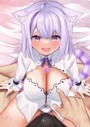Rule 34 | 1boy, 1girl, ahoge, animal ears, blush, bow, bow panties, breasts, bulge, cat ears, cat girl, cat tail, chest tattoo, cleavage cutout, clothing cutout, commentary request, erection, erection under clothes, fang, frilled sleeves, frills, grinding, grinding over clothes, heart, heart on chest, heart tattoo, highres, hololive, kotaro otn, lace, lace-trimmed panties, lace trim, large breasts, long hair, long sleeves, looking at viewer, multicolored hair, neck, nekomata okayu, nekomata okayu (wonderland), official alternate costume, official alternate hair length, official alternate hairstyle, open mouth, paid reward available, panties, pov, pov crotch, pov hands, purple eyes, purple hair, purple ribbon, ribbon, shirt, solo focus, spread legs, streaked hair, swept bangs, tail, tattoo, teasing, translation request, underwear, virtual youtuber, white panties, white shirt
