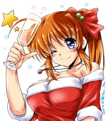 Rule 34 | 1girl, ;), alcohol, bare shoulders, blue eyes, breasts, brown hair, champagne, champagne flute, cleavage, cup, dated, dress, drinking glass, glass, hair bobbles, hair ornament, hair ribbon, highres, holding, jewelry, large breasts, long hair, looking at viewer, lyrical nanoha, necklace, off shoulder, one eye closed, portrait, raising heart, raising heart (standby mode), red dress, red ribbon, ribbon, san-pon, santa costume, side ponytail, smile, solo, star (symbol), takamachi nanoha, twitter username, vivid strike!