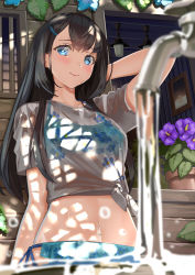 Rule 34 | 1girl, arm at side, arm behind head, bikini, bikini under clothes, black hair, blue eyes, blurry, blush, breasts, building, commentary, dappled sunlight, day, depth of field, drawing (object), english commentary, faucet, floral print, flower, hair ornament, hairclip, kinugasa yuuichi, lamp, long hair, looking at viewer, medium breasts, original, plant, potted plant, print shirt, shirt, short sleeves, side-tie bikini bottom, smile, solo, sunlight, swimsuit, t-shirt, tied shirt, upper body, water, wet, wet clothes, wet shirt, white shirt