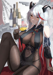 Rule 34 | 1girl, absurdres, aegir (azur lane), azur lane, black cape, blush, bodystocking, bottle, breast curtains, breasts, brown gloves, cape, covered navel, cross, cross-laced clothes, cup, demon horns, drunk, elbow gloves, gloves, hai maker, hair on horn, highres, holding, holding cup, horns, impossible clothes, iron cross, large breasts, long hair, looking at viewer, microskirt, multicolored hair, pantyhose, red hair, rigging, skirt, solo, streaked hair, two-tone hair, underbust, white hair, yellow eyes