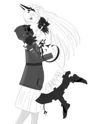 Rule 34 | 1girl, 1other, androgynous, arknights, black jacket, black mask, black skirt, doctor (arknights), dress, highres, holding, holding person, horns, hug, jacket, lifting another&#039;s clothes, looking at another, looking down, shoes, skirt, smile, tagme, theresa (arknights), white dress, white skirt