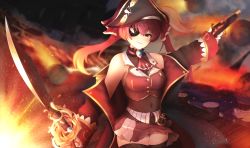 Rule 34 | 1girl, absurdres, antique firearm, arrow through heart, bare shoulders, bicorne, bodystocking, breasts, cleavage, cowboy shot, cutlass, embers, eyepatch, firearm, firelock, flintlock, grin, gun, hair ribbon, happli, hat, highres, hololive, houshou marine, large breasts, leotard, leotard under clothes, pirate costume, pirate hat, pleated skirt, red hair, ribbon, see-through, see-through cleavage, see-through leotard, skirt, smile, solo, sword, thighhighs, twintails, virtual youtuber, weapon, zettai ryouiki