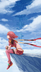 Rule 34 | 1girl, bare back, bracer, breasts, cliff, closed mouth, cloud, cloudy sky, commentary, english commentary, fingernails, foot dangle, from side, giant tree, highres, large breasts, nintendo, pink thighhighs, profile, pyra (xenoblade), red eyes, red hair, red shorts, redpoke, short hair, short shorts, shorts, sitting, sky, solo, thighhighs, tiara, tree, xenoblade chronicles (series), xenoblade chronicles 2