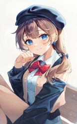 Rule 34 | 1girl, absurdres, beret, black hat, blue eyes, blue sleeves, bow, bowtie, brown hair, brown jacket, butterfly earrings, clenched hand, closed mouth, collared shirt, ear piercing, earrings, hat, highres, jacket, jewelry, knees up, light blush, long sleeves, looking at viewer, medium hair, on chair, open clothes, open jacket, original, outstretched arm, piercing, red bow, school uniform, shirt, side ponytail, sidelocks, simple background, sitting, smile, solo, uniform, upper body, white background, white shirt, wooden chair, wooni (wooni 0818)