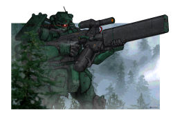 Rule 34 | beam rifle, commentary, energy gun, english commentary, forest, gun, gundam, highres, insignia, machinery, mecha, mobile suit, mobile suit gundam, nature, nomansnodead, one-eyed, original, pine tree, red eyes, redesign, rifle, robot, science fiction, shield, sniper, sniper rifle, scope, solo, tree, upper body, weapon, zaku, zeon