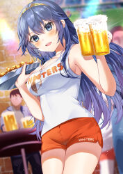 1boy 1girl 2022 absurdres alcohol alternate_breast_size alternate_costume bare_shoulders beer blue_eyes blue_hair blurry blurry_background blush breasts chicken_(food) cleavage commentary_request commission cowboy_shot cup dated_commentary dolphin_shorts fire_emblem fire_emblem_awakening food hands_up highres holding holding_cup holding_tray hooters impossible_clothes long_hair looking_at_viewer lucina_(fire_emblem) medium_breasts nintendo no_legwear open_mouth orange_shorts shirt short_shorts shorts skeb_commission sleeveless sleeveless_shirt smile solo_focus symbol_in_eye teeth tiara tray upper_teeth_only w_arms waitress water_drop white_shirt yam_(yamap_mako)