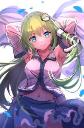 Rule 34 | 1girl, bare shoulders, blue skirt, breasts, closed mouth, collarbone, commentary request, cowboy shot, detached sleeves, frog hair ornament, green eyes, green hair, hair ornament, hair tubes, highres, japanese clothes, kochiya sanae, large breasts, long hair, navel, nontraditional miko, shiroi karasu, sketch, skirt, smile, snake hair ornament, solo, touhou, white sleeves, wide sleeves