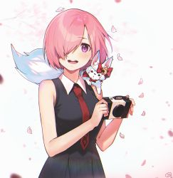 Rule 34 | 1girl, :d, animal, animal on shoulder, bare arms, bare shoulders, black dress, blush, bow, breasts, camera, cherry blossoms, collared dress, commentary request, dress, fate/grand order, fate (series), fou (fate), hair over one eye, holding, looking at viewer, mash kyrielight, nagu, necktie, open mouth, petals, pink hair, purple eyes, red bow, red neckwear, round teeth, short hair, signature, sleeveless, sleeveless dress, smile, teeth, upper body, wing collar
