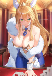 Rule 34 | &gt;:), 1girl, ace (playing card), ace of hearts, ahoge, animal ears, artist name, artoria pendragon (all), artoria pendragon (fate), artoria pendragon (swimsuit ruler) (fate), bare shoulders, blue necktie, blue pantyhose, blush, braid, breasts, card, casino, center opening, cleavage, closed mouth, collarbone, cowboy shot, detached collar, fake animal ears, fate/grand order, fate (series), french braid, green eyes, hair between eyes, heart, highres, indoors, large breasts, leaning forward, leotard, long hair, looking at viewer, necktie, pantyhose, playboy bunny, playing card, poker table, ponytail, pov, rabbit ears, raijuu (bakanara), shawl, sidelocks, smile, solo, sparkle, strapless, strapless leotard, table, tiara, very long hair, wrist cuffs