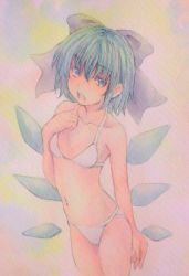 Rule 34 | 1girl, bikini, blue eyes, blue hair, bow, cirno, collarbone, cowboy shot, hair bow, highres, ice, ice wings, looking at viewer, matching hair/eyes, navel, open mouth, painting (medium), pink background, solo, swimsuit, touhou, traditional media, watercolor (medium), white bikini, wings, yuyu (00365676)