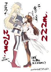 Rule 34 | 10s, 2girls, ahoge, arrow (symbol), bare shoulders, blonde hair, boots, breast envy, breasts, brown hair, bust chart, check commentary, cleavage, commentary request, dated, detached sleeves, double bun, elbow gloves, fingerless gloves, gloves, hair bun, hairband, hands on own hips, headgear, height difference, iowa (kancolle), japanese clothes, kantai collection, kongou (kancolle), large breasts, long hair, looking down, looking up, miniskirt, multiple girls, nontraditional miko, open mouth, remodel (kantai collection), ribbon-trimmed sleeves, ribbon trim, skirt, tall, thigh boots, thighhighs, translation request, ugeppa, zettai ryouiki