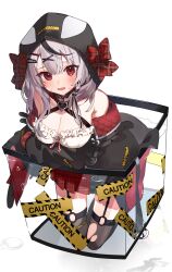 Rule 34 | 1girl, absurdres, animal hood, aquarium, black hair, black headwear, black hood, black jacket, black thighhighs, blush, breasts, caution tape, cleavage, commentary, frilled shirt, frills, grey hair, hair ornament, halterneck, heart o-ring, highres, hololive, hood, in container, jacket, large breasts, long sleeves, looking at viewer, miniskirt, multicolored hair, off shoulder, open mouth, orca hood, plaid, plaid skirt, pleated skirt, red eyes, red skirt, sakamata chloe, sakamata chloe (1st costume), shirt, simple background, skirt, solo, streaked hair, symbol-only commentary, thighhighs, toramata4, torn clothes, torn thighhighs, virtual youtuber, water, white background, white shirt, x hair ornament