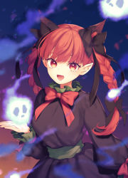 Rule 34 | 1girl, animal ears, black bow, bow, braid, cat ears, cat tail, dress, extra ears, full moon, hair bow, highres, hitodama, kaenbyou rin, long sleeves, moon, multiple tails, pointy ears, red eyes, red hair, solo, tail, tomobe kinuko, touhou, twin braids