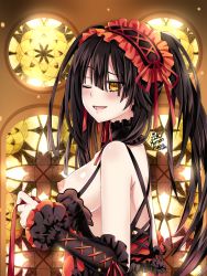 Rule 34 | 10s, 1girl, 2019, artist name, bare shoulders, black hair, blush, breasts, clock eyes, clothes pull, date a live, dated, detached collar, dress pull, from side, gothic lolita, highres, indoors, large breasts, lolita fashion, long hair, looking at viewer, maroonabyss, nipples, no bra, one eye closed, open mouth, smile, solo, standing, symbol-shaped pupils, tokisaki kurumi, twintails, upper body, wink, yellow eyes