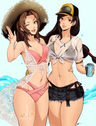 Rule 34 | aerith gainsborough, aerith gainsborough (sunny robe), arm around waist, bikini, bikini under clothes, black bikini, black hair, brown hair, can, commentary, costa del sol, crop top, drink can, eightyfourart, english commentary, final fantasy, final fantasy vii, final fantasy vii ever crisis, frayed skirt, front-tie top, green eyes, hat, highres, long hair, low-tied long hair, official alternate costume, pink bikini, red eyes, see-through, see-through shirt, shirt, smile, soda can, swimsuit, tifa lockhart, tifa lockhart (lifeguard), wet, wet clothes, wet shirt, whistle, whistle around neck
