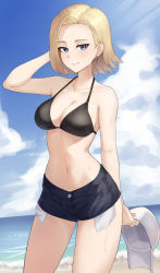 Rule 34 | 1girl, absurdres, android 18, angdo (kakajo26), bare arms, bare shoulders, beach, bikini, blonde hair, blue eyes, breasts, collarbone, commentary, cowboy shot, day, dragon ball, earrings, hand in own hair, hat, highres, holding, holding clothes, holding hat, jewelry, large breasts, looking at viewer, medium breasts, navel, ocean, outdoors, parted lips, short hair, short shorts, shorts, smile, solo, summer, swimsuit, teeth, unworn hat, unworn headwear
