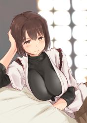 Rule 34 | 10s, 1girl, blush, breasts, brown eyes, brown hair, hyuuga (kancolle), kantai collection, large breasts, looking at viewer, short hair, smile, solo, wa (genryusui)
