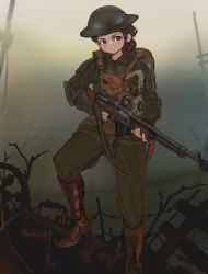 Rule 34 | 1girl, absurdres, automatic rifle, backpack, bag, barbed wire, blood, blood on face, blue eyes, boots, braid, brodie helmet, brown footwear, commentary, commission, english commentary, gas mask, green pants, gun, hair behind ear, helmet, highres, holding, holding gun, holding weapon, looking to the side, m1918 bar, machine gun, mask, unworn mask, military, combat helmet, military uniform, original, pants, polilla, rifle, solo, uniform, weapon, weapon request