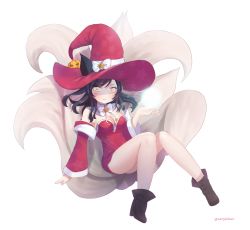 Rule 34 | 1girl, ahri (league of legends), alternate costume, animal ears, annoyed, bad id, bad pixiv id, bare shoulders, black hair, bow, breasts, cleavage, detached sleeves, ears through headwear, facial mark, fox tail, frown, hanato (seonoaiko), hat, hat bow, knees together feet apart, korean clothes, large breasts, league of legends, long hair, looking at viewer, multiple tails, no panties, pumpkin, simple background, solo, star (symbol), star print, tail, thighs, twitter username, whisker markings, white background, witch hat, yellow eyes