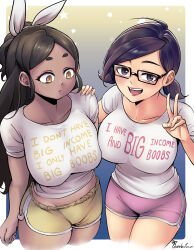 Rule 34 | 2girls, absurdres, black hair, borrowed character, breasts, broke-chan (bakuatsukiyu), brown eyes, commentary, dark-skinned female, dark skin, dolphin shorts, endo (ravenhart), english commentary, english text, glasses, groin, hand on another&#039;s shoulder, highres, large breasts, medium hair, multiple girls, olverse, open mouth, original, ponytail, purple eyes, ravenhart, shirt, short shorts, shorts, signature, smile, star (symbol), starry background, t-shirt, v