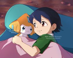 Rule 34 | 1boy, black hair, closed mouth, commentary request, creatures (company), from above, fuyu (utngrtn), game freak, gen 3 pokemon, green shirt, highres, jirachi, legendary pokemon, male focus, max (pokemon), mythical pokemon, nintendo, pokemon, pokemon: jirachi: wish maker, pokemon (anime), pokemon (creature), pokemon rse (anime), raised eyebrows, red eyes, shirt, short hair, short sleeves, twitter username, under covers, watermark