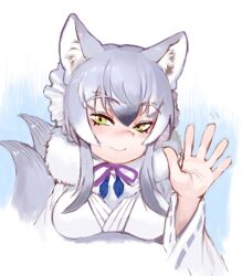 Rule 34 | 1girl, animal ears, blush, bow, bowtie, commentary request, fur collar, green eyes, grey hair, hair between eyes, handsdsds, highres, japanese clothes, kemono friends, kimono, long hair, long sleeves, looking at viewer, makami (kemono friends), multicolored hair, multiple tails, purple bow, purple bowtie, sidelocks, smile, solo, tail, two tails, upper body, waving, white fur, white hair, white kimono, wolf ears, wolf girl, wolf tail