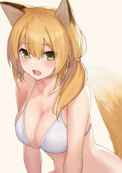 Rule 34 | 1girl, animal ears, bare shoulders, bikini, blonde hair, blush, breasts, cccpo, cleavage, collarbone, commentary request, fang, fox ears, fox girl, fox tail, green eyes, hair between eyes, hair over shoulder, halterneck, highres, large breasts, long hair, looking at viewer, open mouth, original, short hair, simple background, skindentation, solo, swimsuit, tail, upper body, white background, white bikini