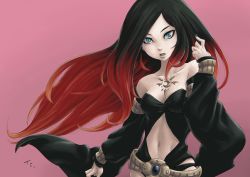 Rule 34 | 1girl, bare shoulders, belt, black hair, blue eyes, breasts, cleavage, collarbone, crow (gravity daze), detached sleeves, gravity daze, gravity daze 2, long hair, long sleeves, looking at viewer, medium breasts, midriff, multicolored hair, nail polish, navel, neck, parted lips, red hair, solo, stomach, two-tone hair, very long hair