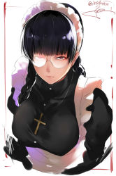 Rule 34 | apron, artist name, backlighting, black hair, black lagoon, blunt bangs, braid, breasts, brown eyes, commentary request, cross, crucifix, expressionless, frilled apron, frills, glasses, highres, isshiki (ffmania7), jewelry, large breasts, long sleeves, looking at viewer, maid headdress, necklace, roberta (black lagoon), round eyewear, solo, twin braids, twitter username, upper body, white background