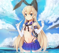 Rule 34 | 10s, 1girl, bad id, bad pixiv id, black panties, blonde hair, blue eyes, breasts, crop top, elbow gloves, gloves, kantai collection, long hair, md5 mismatch, midriff, miniskirt, navel, panties, partially submerged, pleated skirt, school uniform, serafuku, shimakaze (kancolle), shovelwall, shovelwell, skirt, small breasts, solo, underboob, underwear, very long hair, wading, water, wet, white gloves