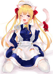 Rule 34 | 1girl, absurdres, ahoge, animal ears, aoi kurora, bad id, bad pixiv id, blonde hair, blue dress, blush, breasts, cat ears, commentary, dress, frills, full body, hair between eyes, highres, kemonomimi mode, large breasts, long hair, long sleeves, looking at viewer, maid, maid headdress, nijisanji, one eye closed, open mouth, pen, purple eyes, ribbon, shirt, short dress, simple background, sitting, solo, tail, tail ornament, tail ribbon, takamiya rion, twintails, virtual youtuber, wariza, white shirt