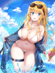Rule 34 | 1girl, absurdres, bare shoulders, bikini, black-framed eyewear, blonde hair, blue eyes, blue sky, bracelet, breasts, cleavage, cloud, coat, collarbone, commentary, cowboy shot, d:, day, english commentary, eyewear on head, food, glint, gluteal fold, groin, hair between eyes, highres, holding, holding food, ice cream, ice cream cone, jacket, jewelry, large breasts, leg strap, lens flare, lkeris, long hair, looking at viewer, mole, mole under eye, nail polish, navel, necklace, o-ring, o-ring bikini, o-ring top, off shoulder, open clothes, open coat, open jacket, open mouth, original, outdoors, see-through, sidelocks, skindentation, sky, solo, standing, stomach, strap gap, string bikini, sunglasses, sunlight, swimsuit, thigh gap, thigh strap, thighs, very long hair, wading, water, wet, white bikini