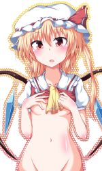 Rule 34 | 1girl, :o, ascot, blonde hair, blush, body blush, bottomless, breasts, clothes pull, female focus, flandre scarlet, fookun, groin, hand on own chest, hat, hat ribbon, heart, heart wings, highres, naba (take tonbo), navel, open mouth, red eyes, ribbon, shirt pull, short hair, short sleeves, side ponytail, solo, touhou, wings