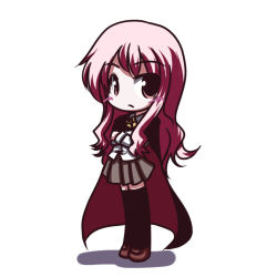 Rule 34 | 00s, 1girl, black thighhighs, brown eyes, cape, chibi, crossed arms, fictional sister, frown, full body, long hair, louise francoise le blanc de la valliere, pentacle, pink hair, shoes, skirt, solo, standing, thighhighs, white background, zero no tsukaima