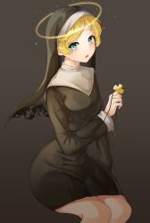Rule 34 | 1girl, absurdres, aqua eyes, bad id, bad pixiv id, black background, blonde hair, catholic, commentary, cross, crucifix, cynthia (uuzz5324), habit, halo, highres, long sleeves, looking at viewer, maggy (the binding of isaac), nun, open mouth, short hair, simple background, solo, swept bangs, the binding of isaac