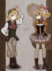 Rule 34 | 2girls, :o, ;), alternate costume, blonde hair, blue eyes, bob cut, boots, bow, breasts, bright pupils, brown footwear, cleavage, clothes lift, cross-laced footwear, erica hartmann, frills, full body, glasses, goggles, goggles on head, grey legwear, hand on headwear, hand on own hip, hat, hat bow, ika (hinatu1992), lace-up boots, long sleeves, military, military uniform, multiple girls, one eye closed, open mouth, pants, pantyhose, puffy long sleeves, puffy sleeves, short hair, siblings, silver legwear, sisters, skirt, skirt lift, small breasts, smile, standing, steampunk, strike witches, strike witches: suomus misfits squadron, striped clothes, striped skirt, twins, uniform, ursula hartmann, white pupils, world witches series
