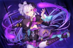 Rule 34 | 1girl, black headwear, bow, brooch, cross-laced footwear, fire, gears, hair over one eye, hand up, highres, ion (on01e), jewelry, king&#039;s raid, long sleeves, looking at viewer, magic, open mouth, purple bow, purple eyes, purple fire, silver hair, sitting, solo, stuffed toy, white legwear